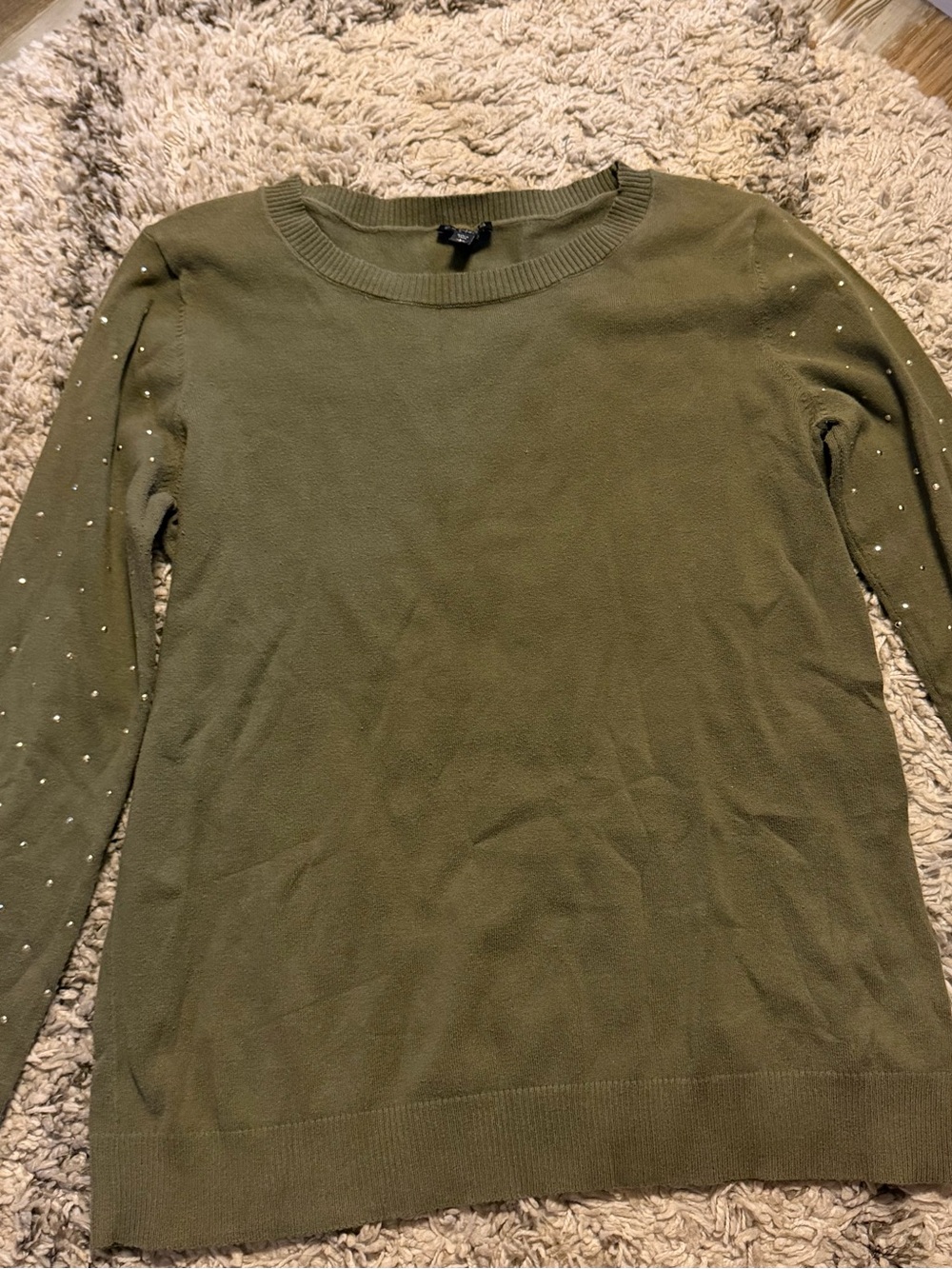 Express Olive Green Women's Crewneck Sweater with Studded Sleeves